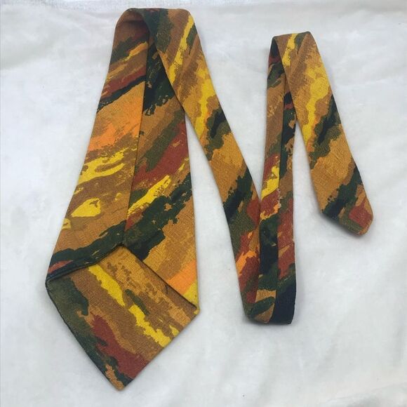 Vintage Hawaiian Bark Cloth Retro 60s 70s Neck Tie abstract Brown Orange Yellow - Picture 5 of 7